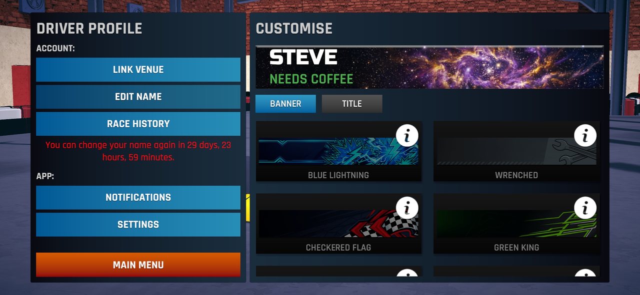 The app's banner customiser showing a driver's banner and title